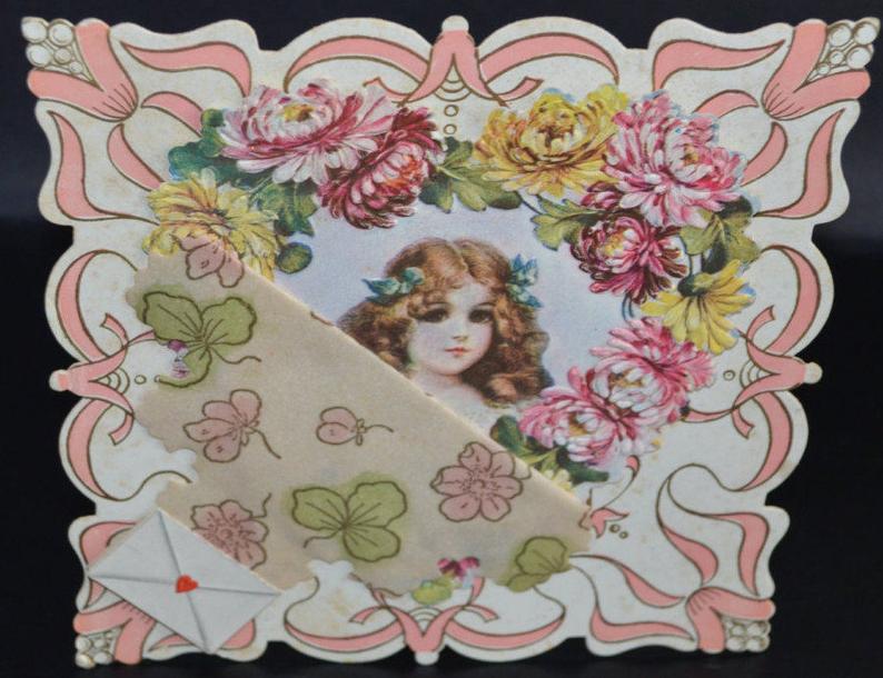 Antique Die Cut Valentine Card Whitney Stand Up Parchment Heavy Embossed Child Floral Art Nouveau Period