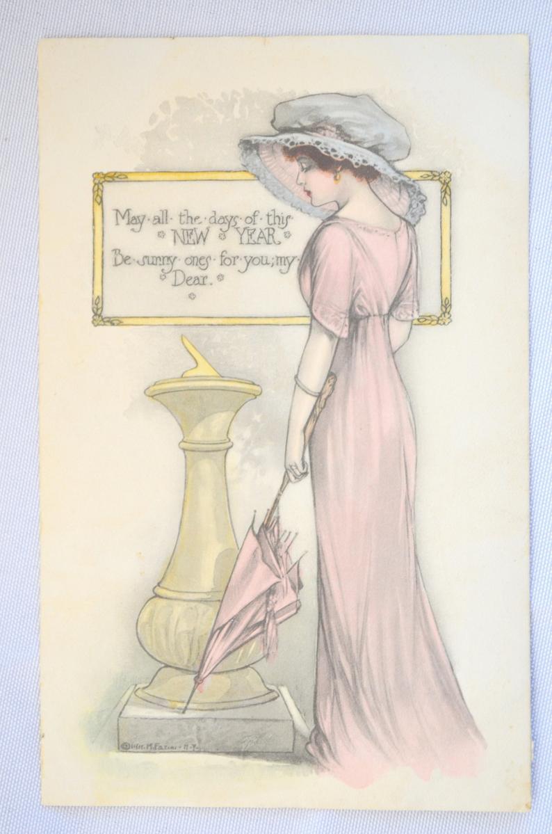 New Year's Postcard Hand Colored Gibson Girl Card