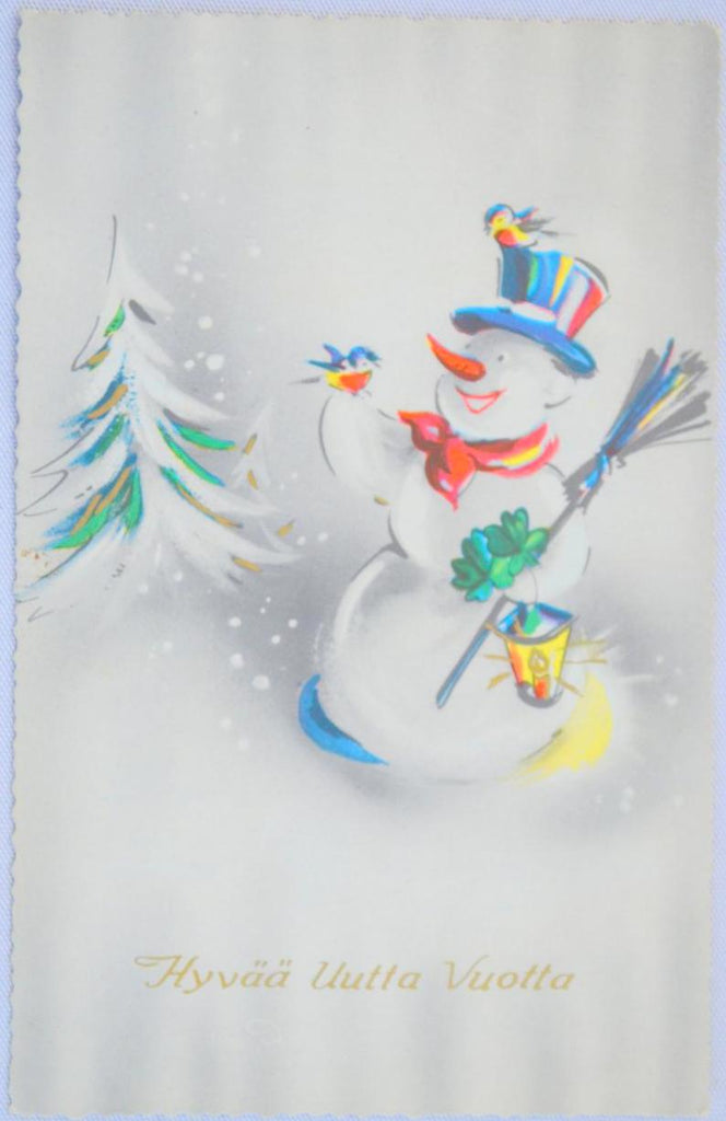New Year Postcard Snowman with Bluebirds Printed in Finland