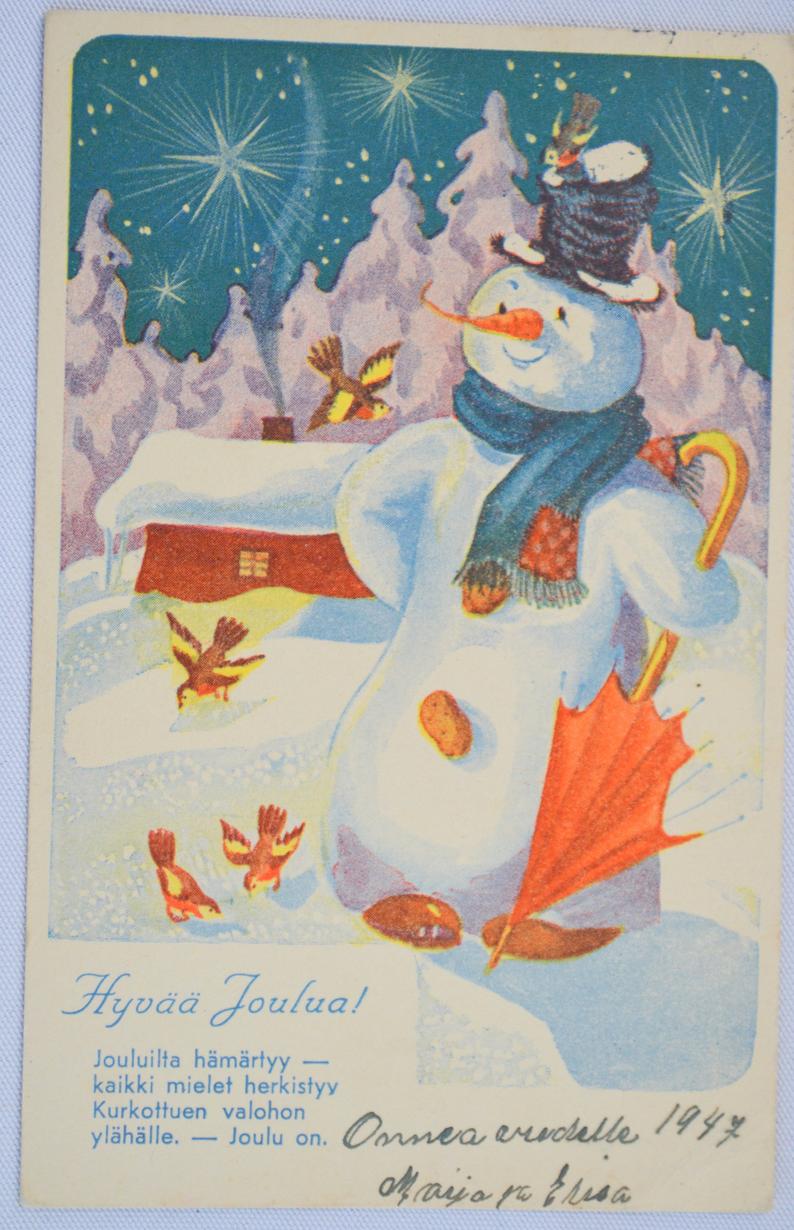 New Year Postcard Snowman in Night Holding Umbrella with Birds Printed in Finland