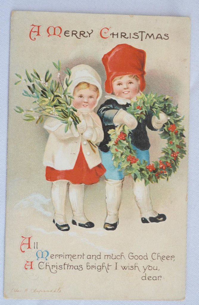Christmas Postcard Ellen Clapsaddle Children Holding Wreath & Holly Series 1888