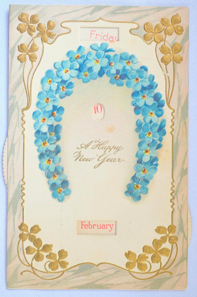 New Year's Postcard Mechanical Calendar Day Card Flower Horseshoe
