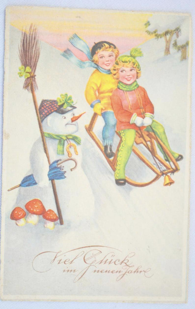 Snowman Postcard Happy New Year German Printed Children Sledding Series 3952 Germany