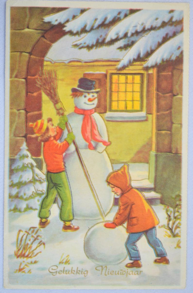 New Year Postcard Snowman with Children Printed in Holland
