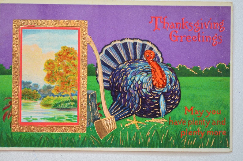 Thanksgiving Postcard Turkey in Meadow with Ax Gel Finish Gold Embossed Series 7152