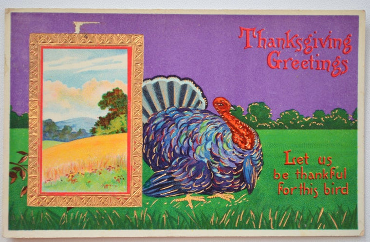 Thanksgiving Postcard Turkey in Meadow Gel Finish Gold Embossed Series 7152