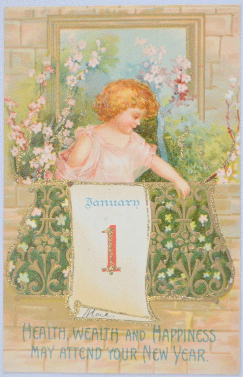 New Year's Postcard Ellen Clapsaddle Child Angel Gold Embossed Christmas Card Series 681