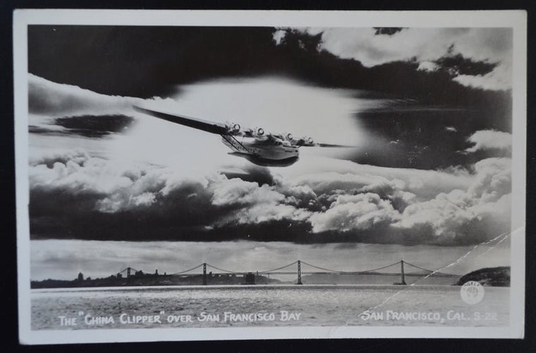 RPPC San Francisco Bay & Bridge China Clipper Flying Overhead 1930s Real Photo Postcard