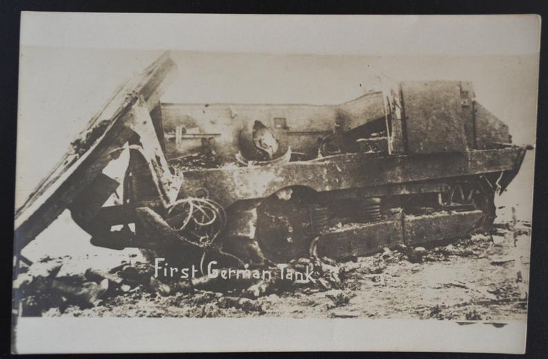 RPPC WWI Panzer German Tank Destroyed Scarce Image World War I First German Tank Real Photo Postcard