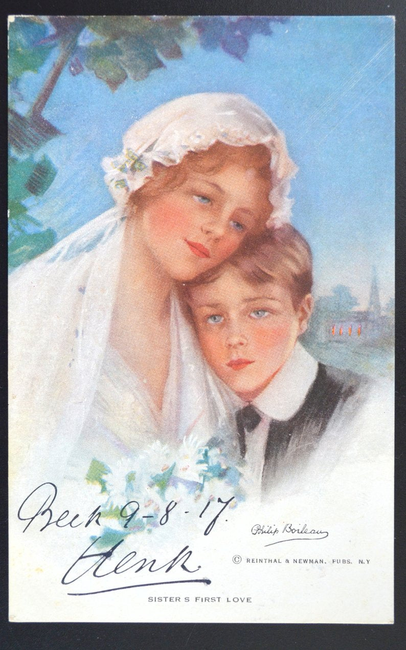 Artist Signed Philip Boileau Postcard Sister's First Love Boy & Girl Art Nouveau Card