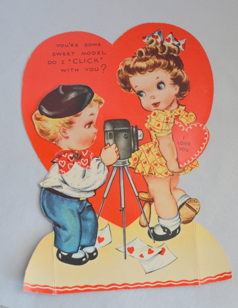 Vintage Mechanical Valentine’s Day Greeting Card Antique Camera Heart