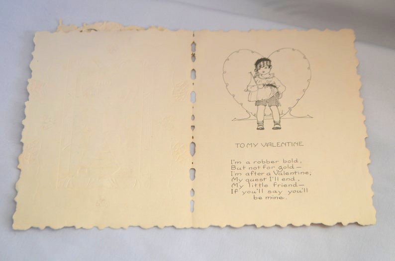 Valentine's Day Card Die Cut Embossed Child with Paper Lace Overlay Butterflies & Hearts Whitney Publishing C 1920