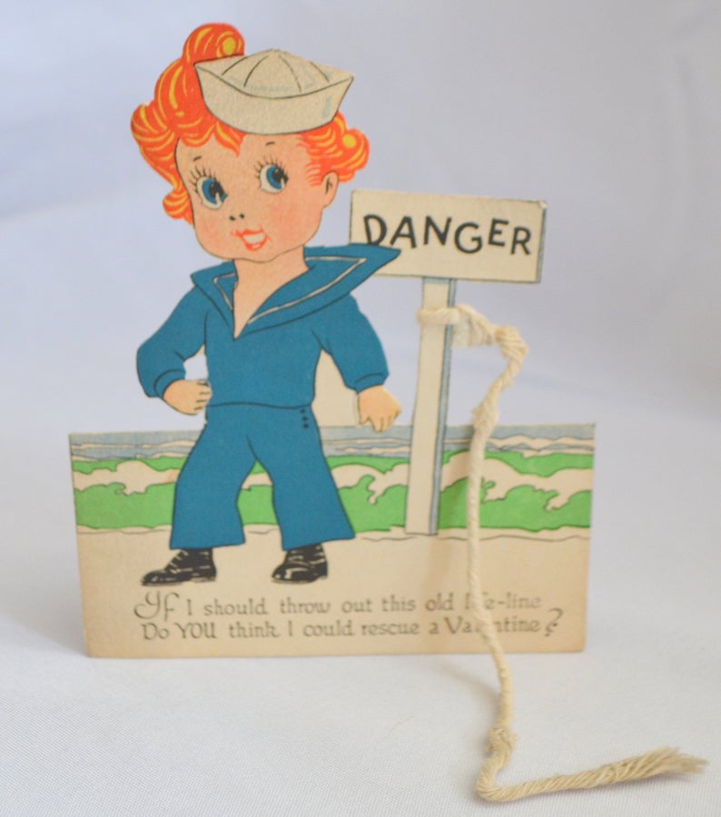 Valentine's Day Card Stand Up Sailor Boy with Red Hair In Waves with Cloth String Tied on Pole