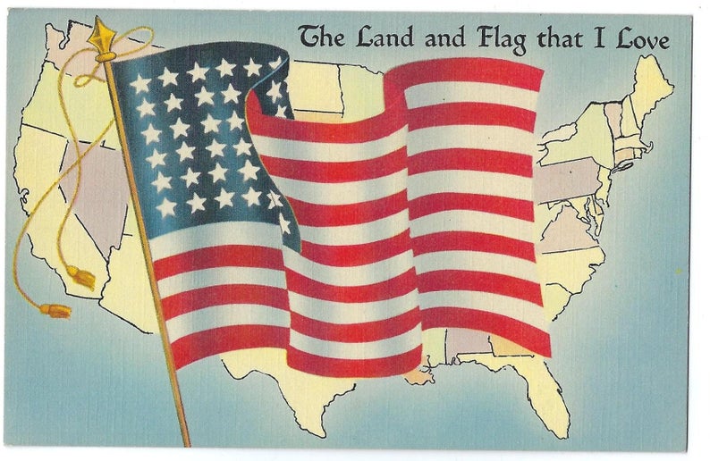 Patriotic Postcard Land & Flag I Love Linen Card Flag Series