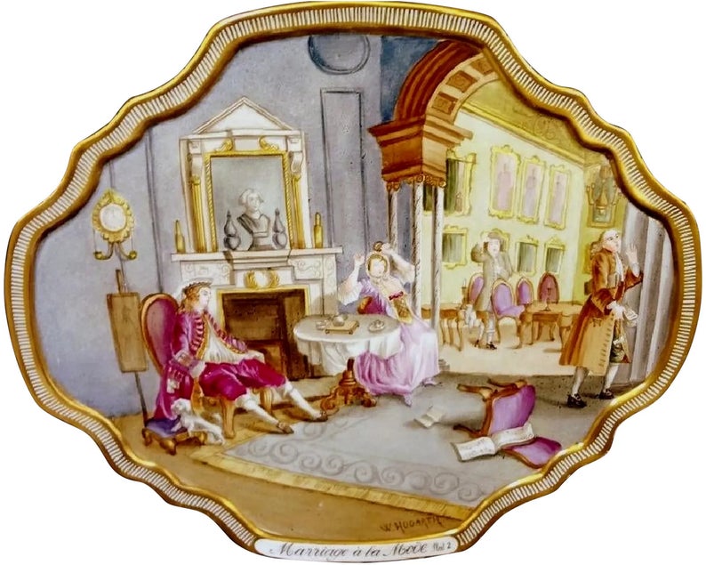 Painting on Porcelain Plaque Marriage A La Mode After Wlmm Hogarth 19th Century
