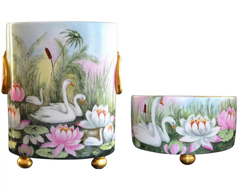 Limoges Pair of Scenic Swan Footed Cache Pot & Squat Vase