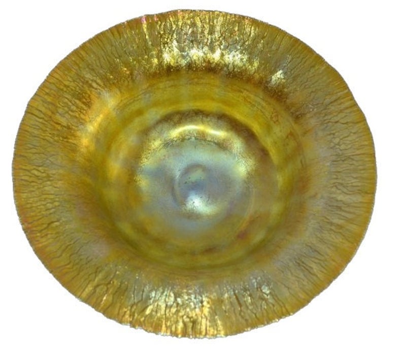 L.C. Tiffany Gold Favrile Iridescent Art Glass Bowl Stretch Rim Raised Footed Bottom