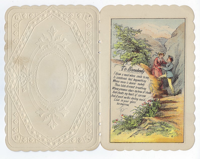 1880s Chromolithograph Die Cut Valentine Embossed Card Applied Paper Lace Colored Interior Poem