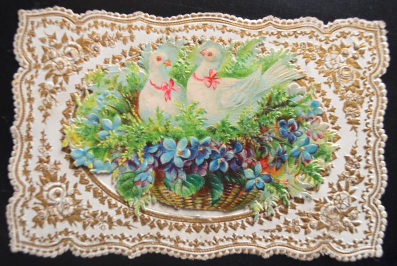 Victorian Paper Lace Antique Valentine Card Love Birds Embossed Flowers Die Cut Valentine's 1800s Period White Birds Floral Basket