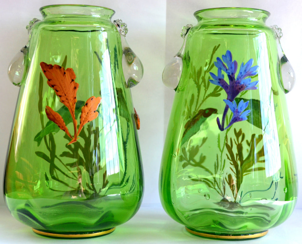 Moser Aquatic Art Glass Vases Matching Pair ish 7 3/4" T.