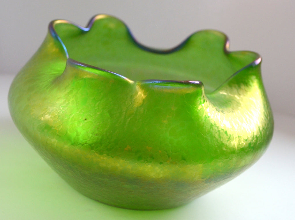 Loetz Austria Art Glass Bowl Vase Diana Ciselé Pattern Candia Ground Green 6" Diam