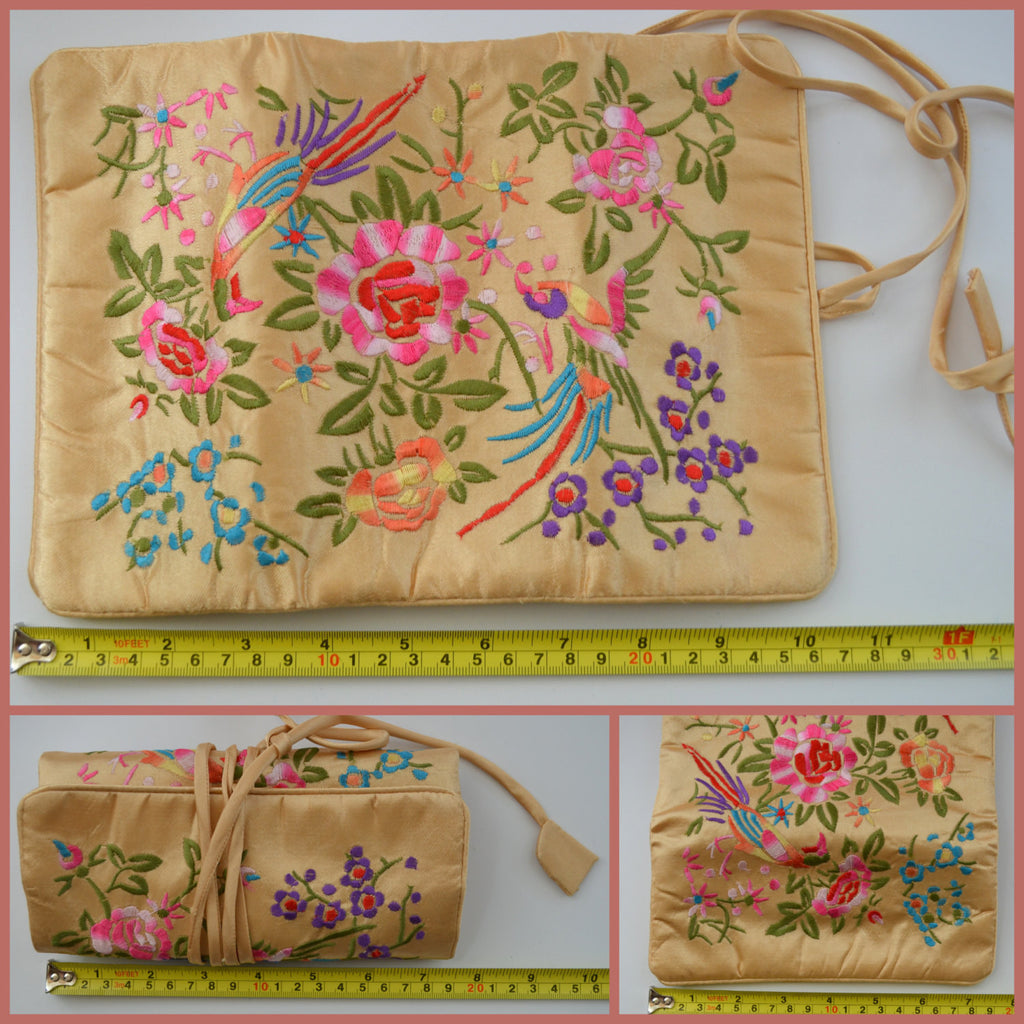 Mid Century Silk Embroidered Fold Out Clutch Purse Asian Design