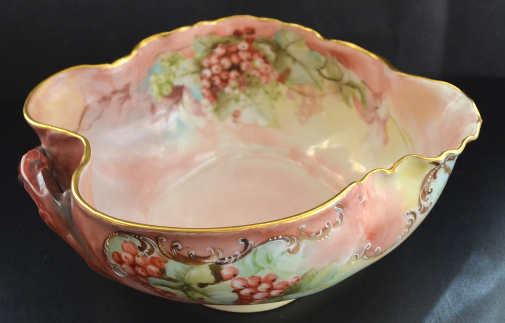LIMOGES Porcelain Bowl Hand Painted Red Currants Branch Handle