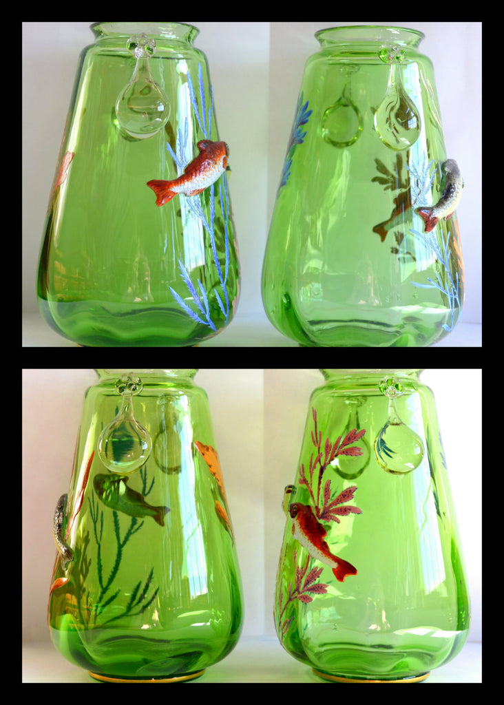Moser Aquatic Art Glass Vases Matching Pair ish 7 3/4" T.