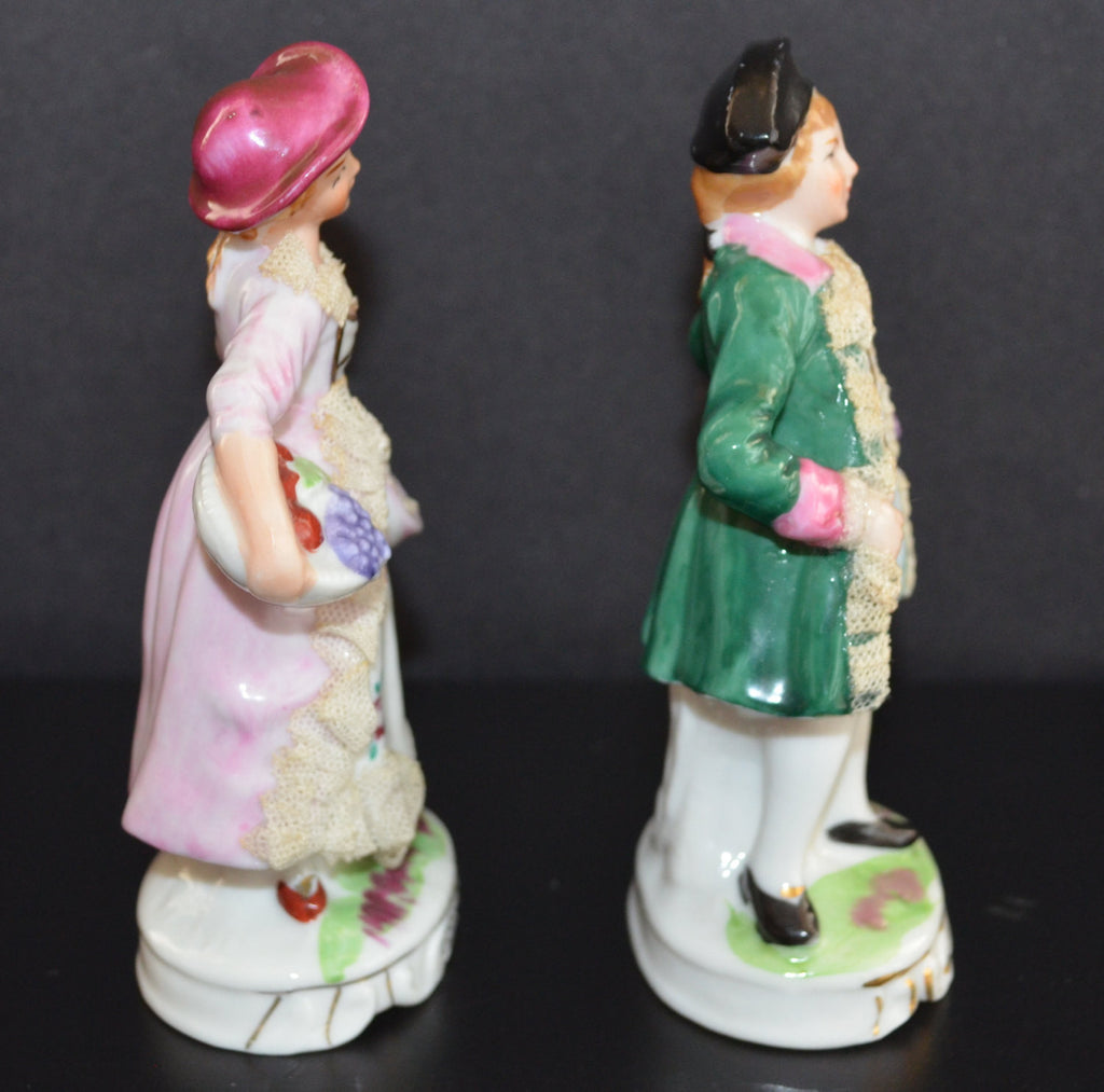 German Porcelain Dresden Applied Lace Miniature Colonial Couple