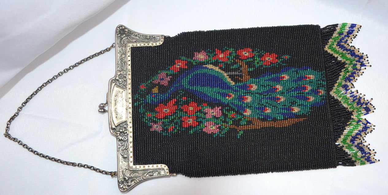 Antique Vintage Handmade Scenic Handbag Beaded PEACOCK PURSE