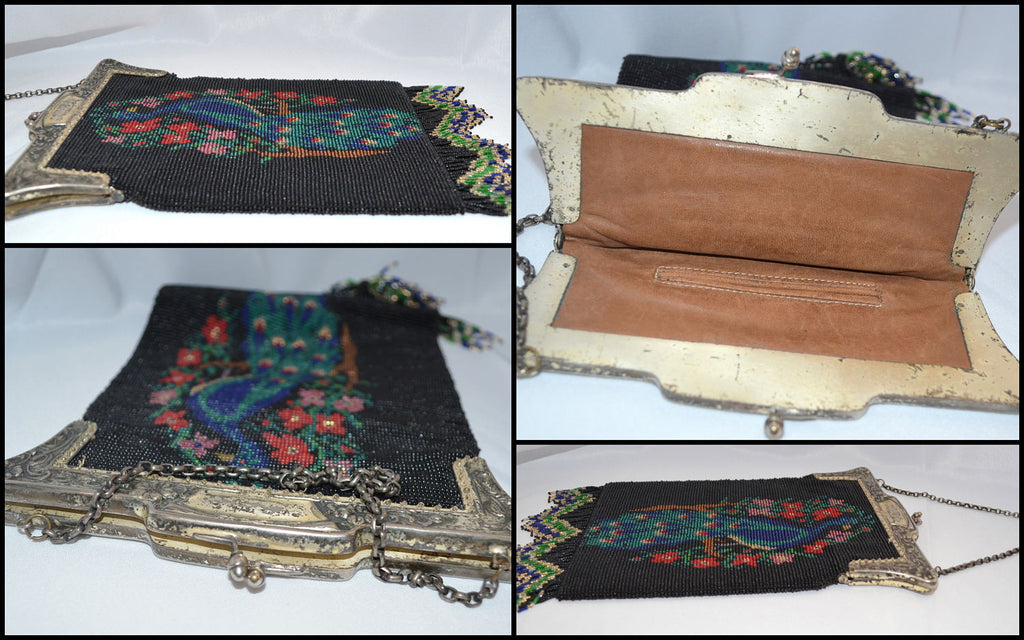 Antique Vintage Handmade Scenic Handbag Beaded PEACOCK PURSE
