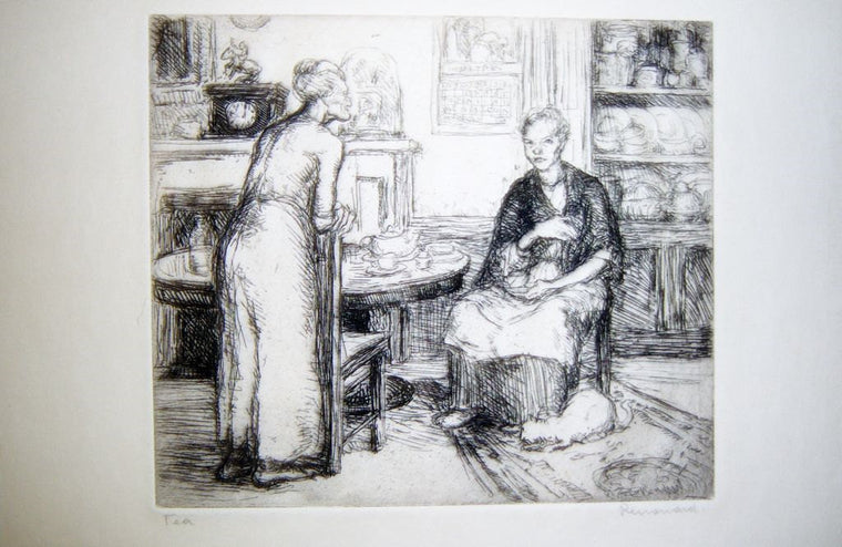 George Renouard Etching Woman With Cat Pencil Drawing