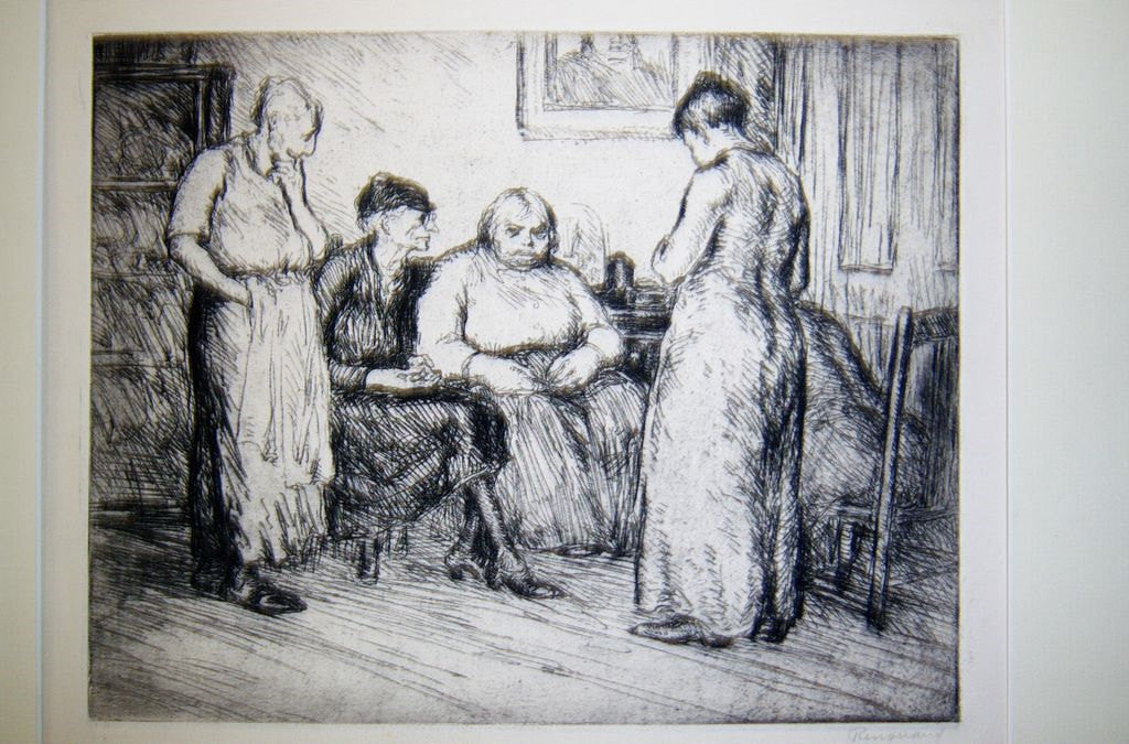 George Renouard Etching Pencil Drawing Signed & Titled Bad News Women in Apartment