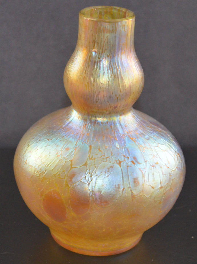 Loetz Vase Austrian Art Glass Astraea Pattern 6" Tall 1900's Oil Spot Pattern Baluster Double Gourd Form