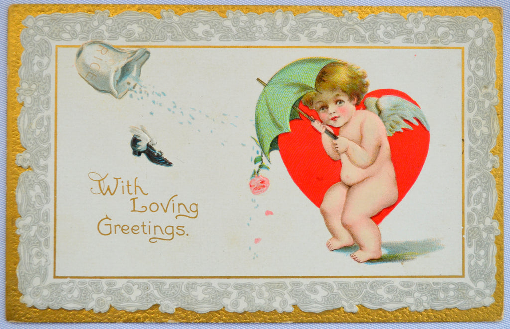 Valentine Postcard Cupid Holding Umbrella Against Rice Raphael Tuck Publishing Series NO 1 Gold Embossed