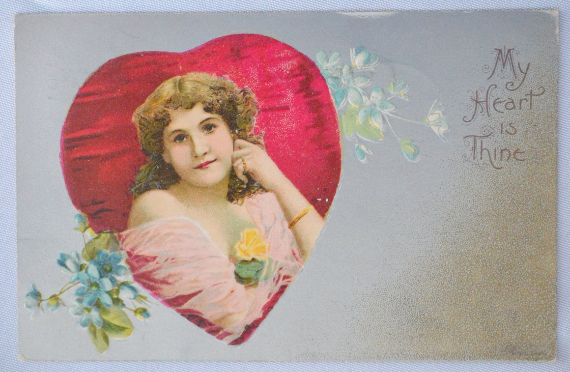 Valentine Postcard Early Undivided Silver Background Young Woman Portrait in Giant Heart Lightly Embossed