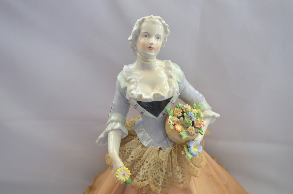 Rare German Porcelain Half Doll Lady Holding Dresden Flower Basket Boudoir Lamp