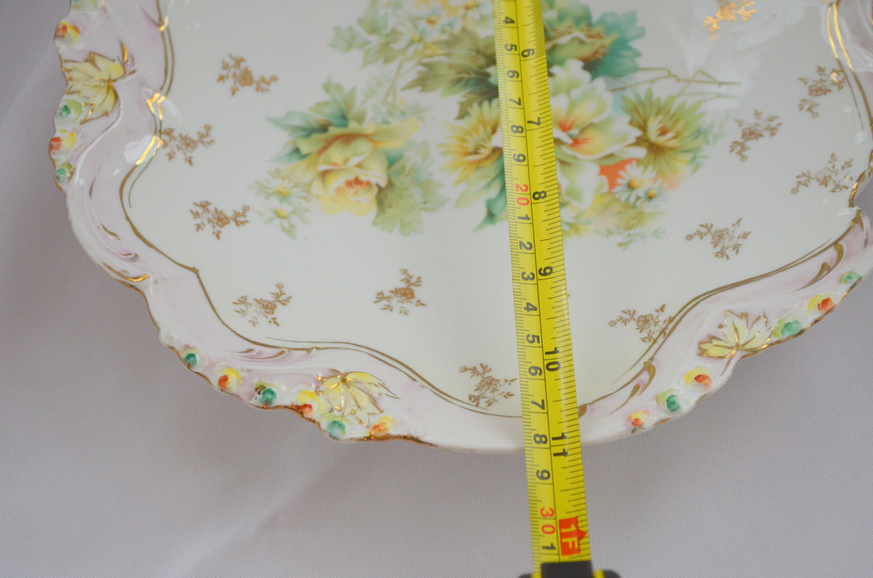Prussia Porcelain Cake Plate Rosebud Mold with Yellow Roses