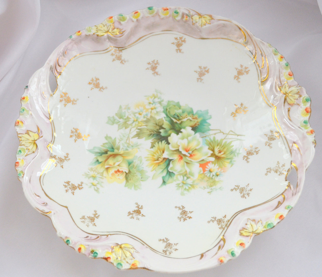 Prussia Porcelain Cake Plate Rosebud Mold with Yellow Roses