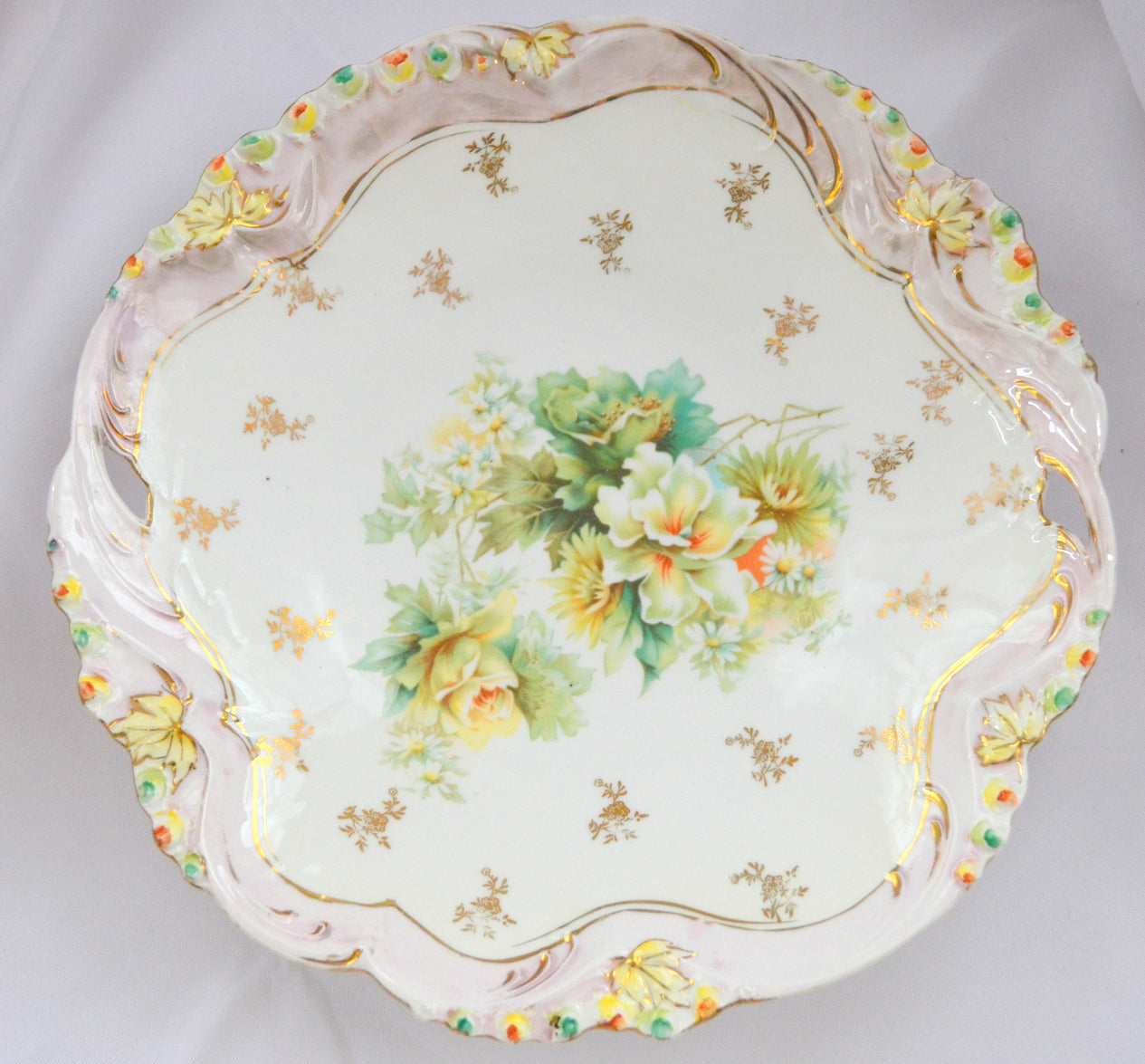 Prussia Porcelain Cake Plate Rosebud Mold with Yellow Roses