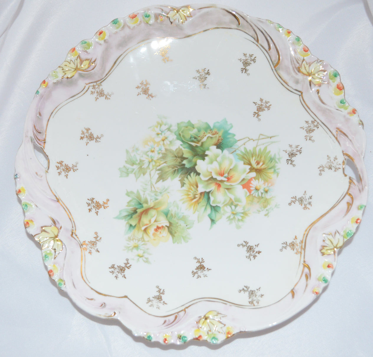 Prussia Porcelain Cake Plate Rosebud Mold with Yellow Roses