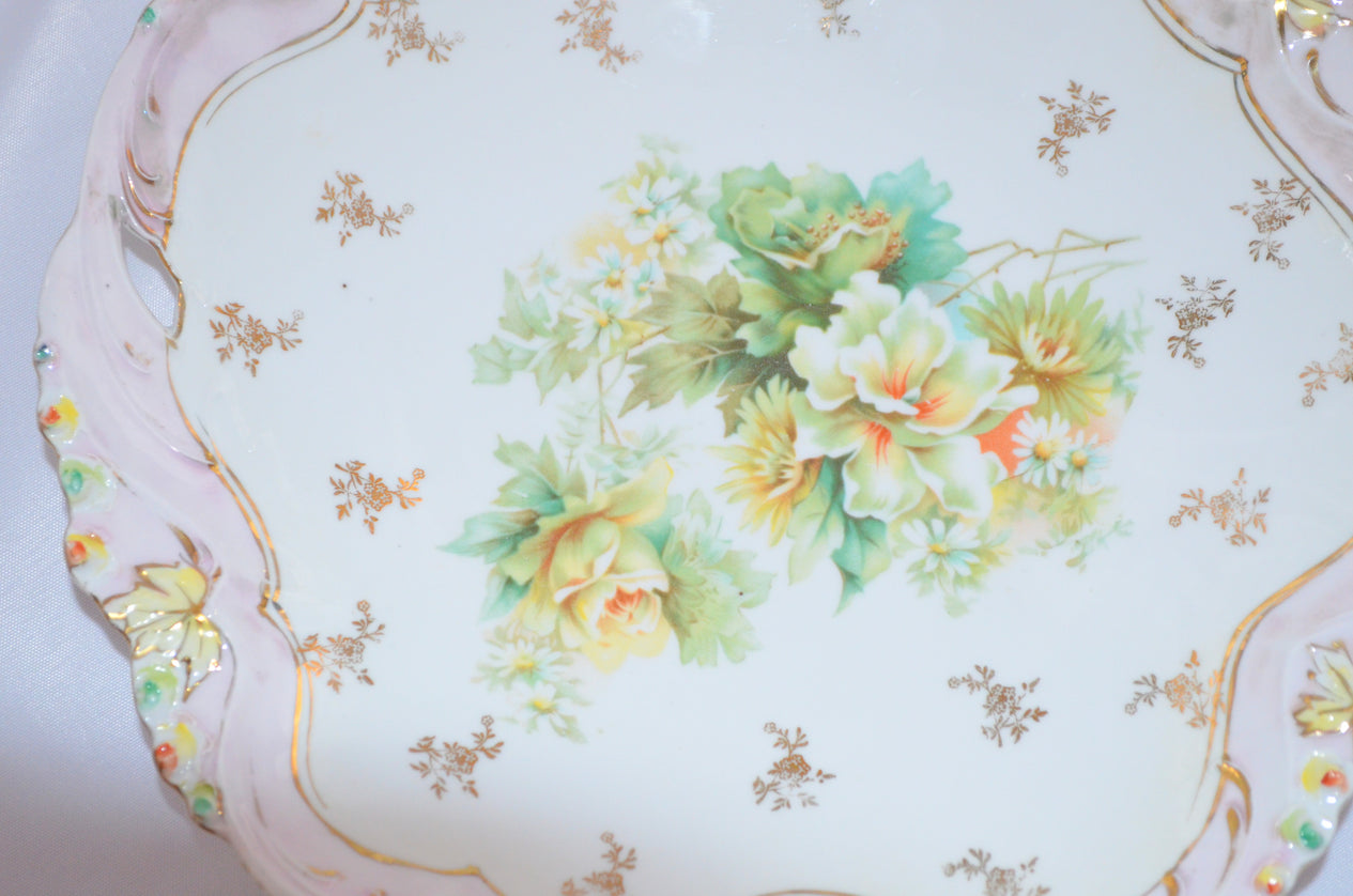 Prussia Porcelain Cake Plate Rosebud Mold with Yellow Roses