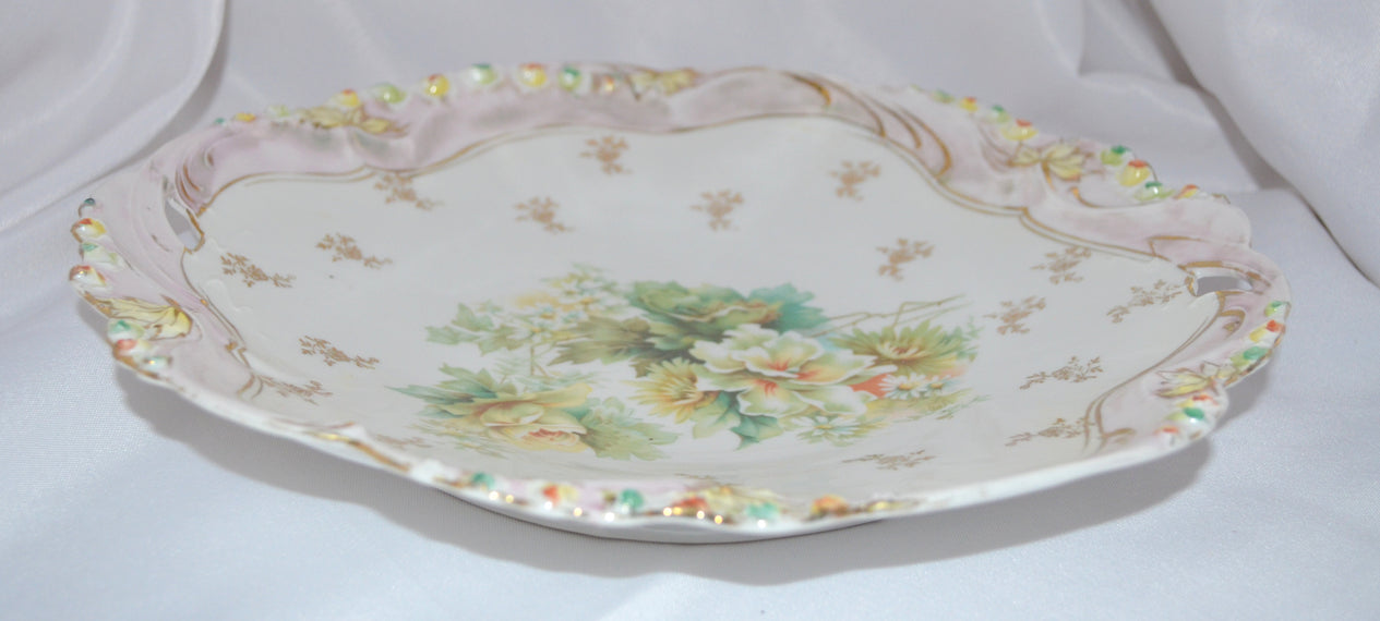Prussia Porcelain Cake Plate Rosebud Mold with Yellow Roses