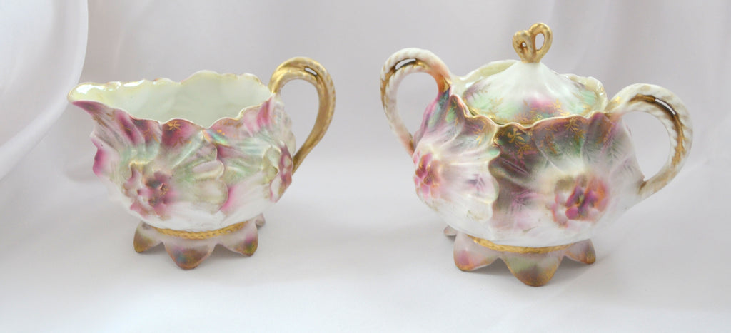 RS Prussia Porcelain Sugar Bowl Creamer Set Sunflower Mold 626 Rare Tiffany Finish Pink Maroon Flowers