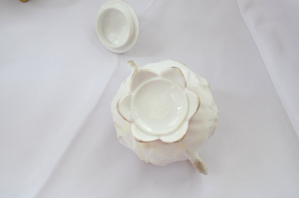 RS Prussia Porcelain Sugar Bowl Creamer Set Sunflower Mold 626 Rare Tiffany Finish Pink Maroon Flowers