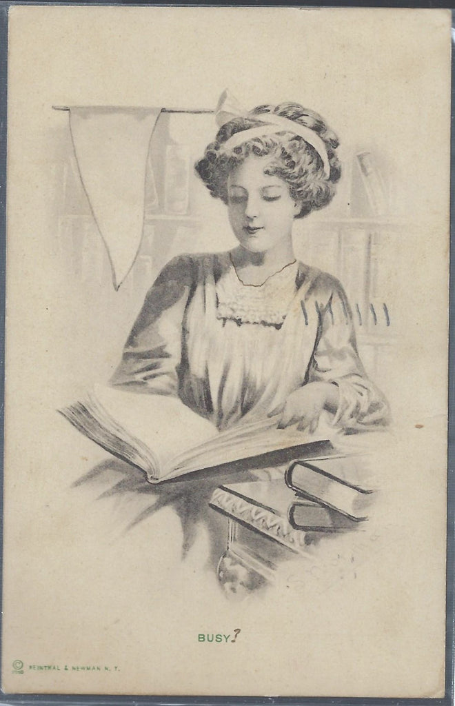 Sepia Postcard Reinthal & Newman Publishing Woman Reading Titled Busy