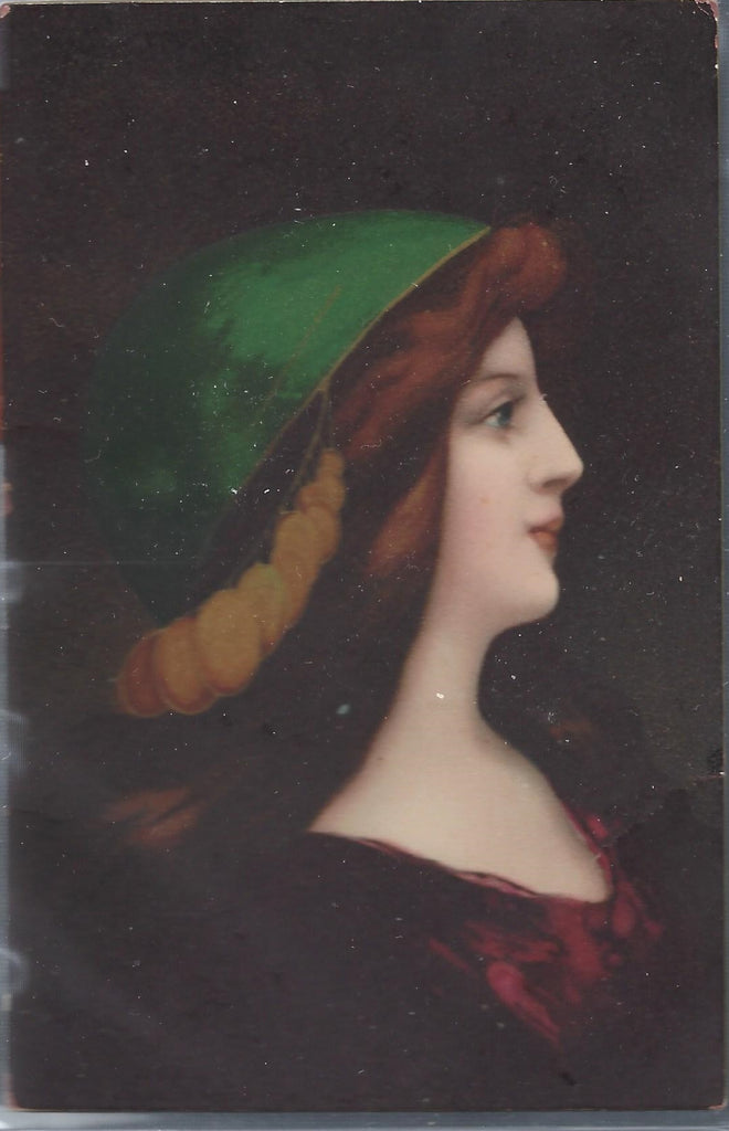 Artist Postcard Side View Portrait of Red Haired Woman in Hat