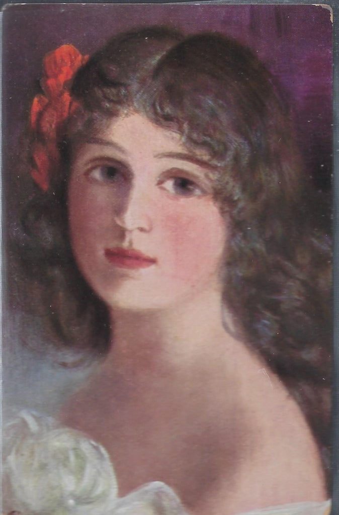 Edwardian Brunette Beauty Woman in White Dress with Red Rose Artist Postcard Series 707