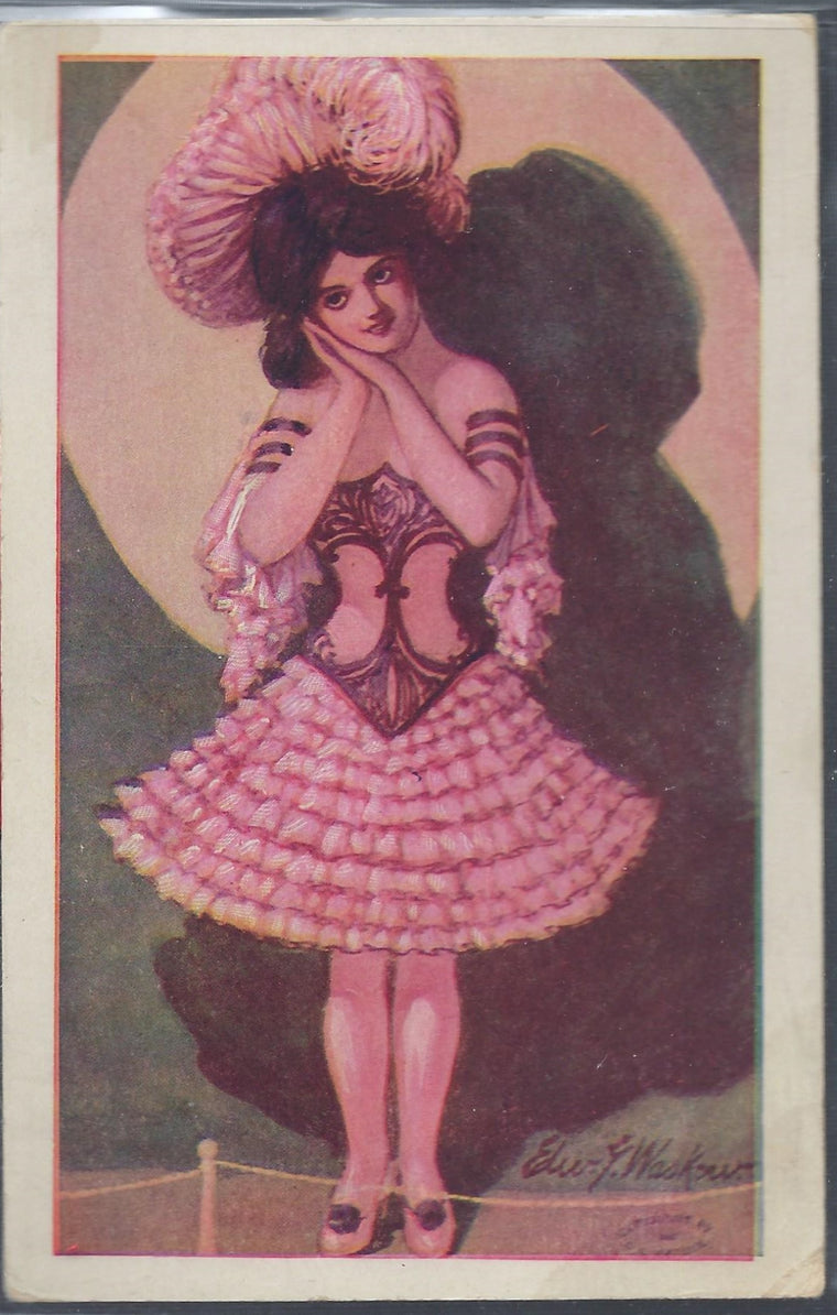Art Nouveau Postcard Woman in Pink Pierrot Style Dress Artist Signed Edward Waskow