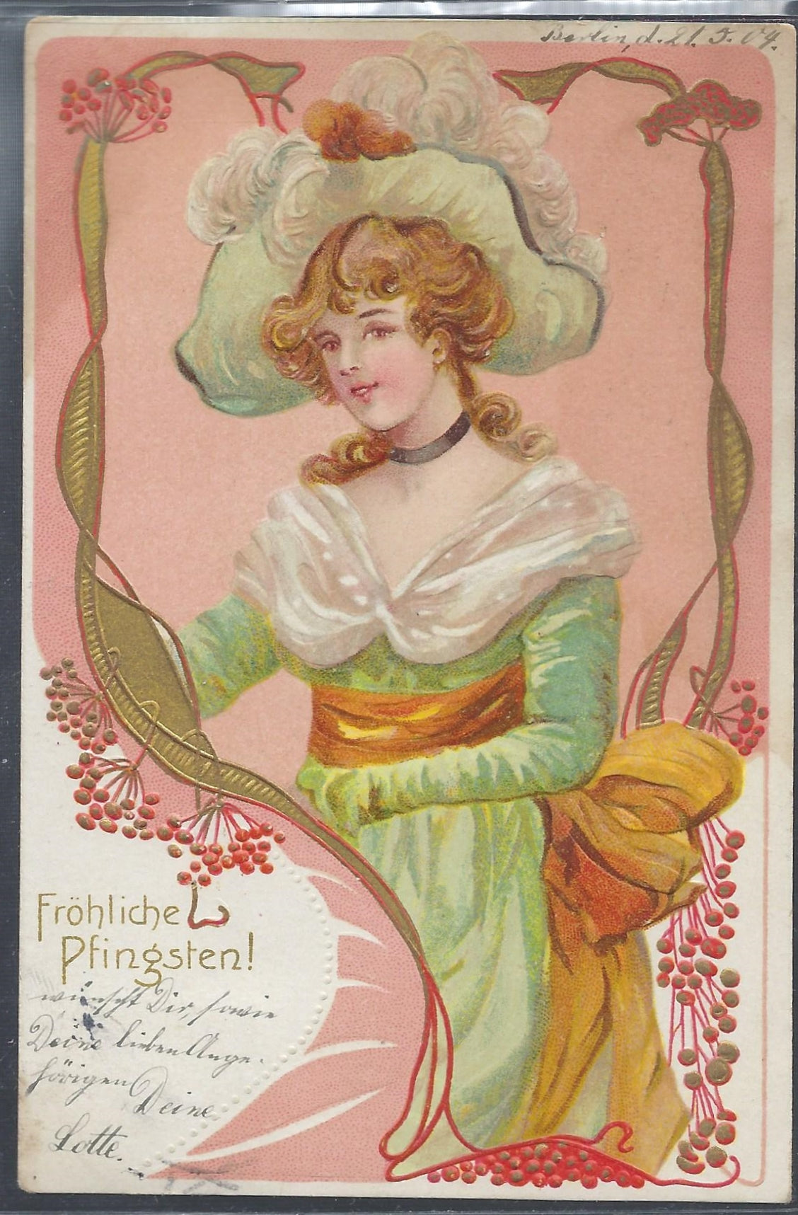 Art Nouveau Postcard Woman in Green Dress with Embossed Gold Highlights